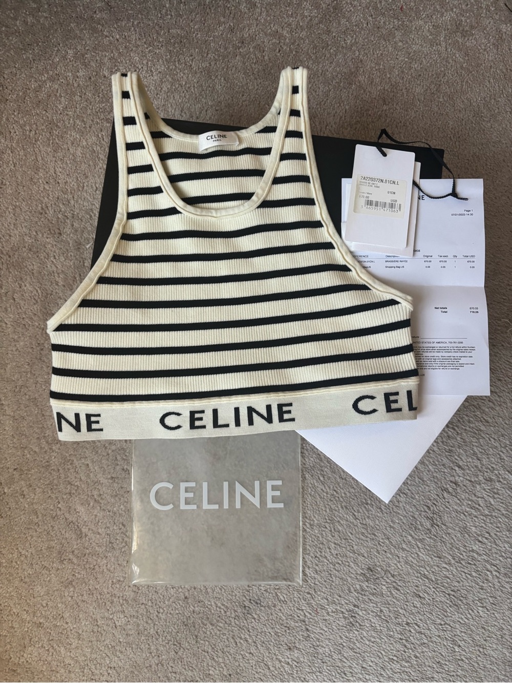 Celine Black and Cream Striped Ribbed Crop Tank